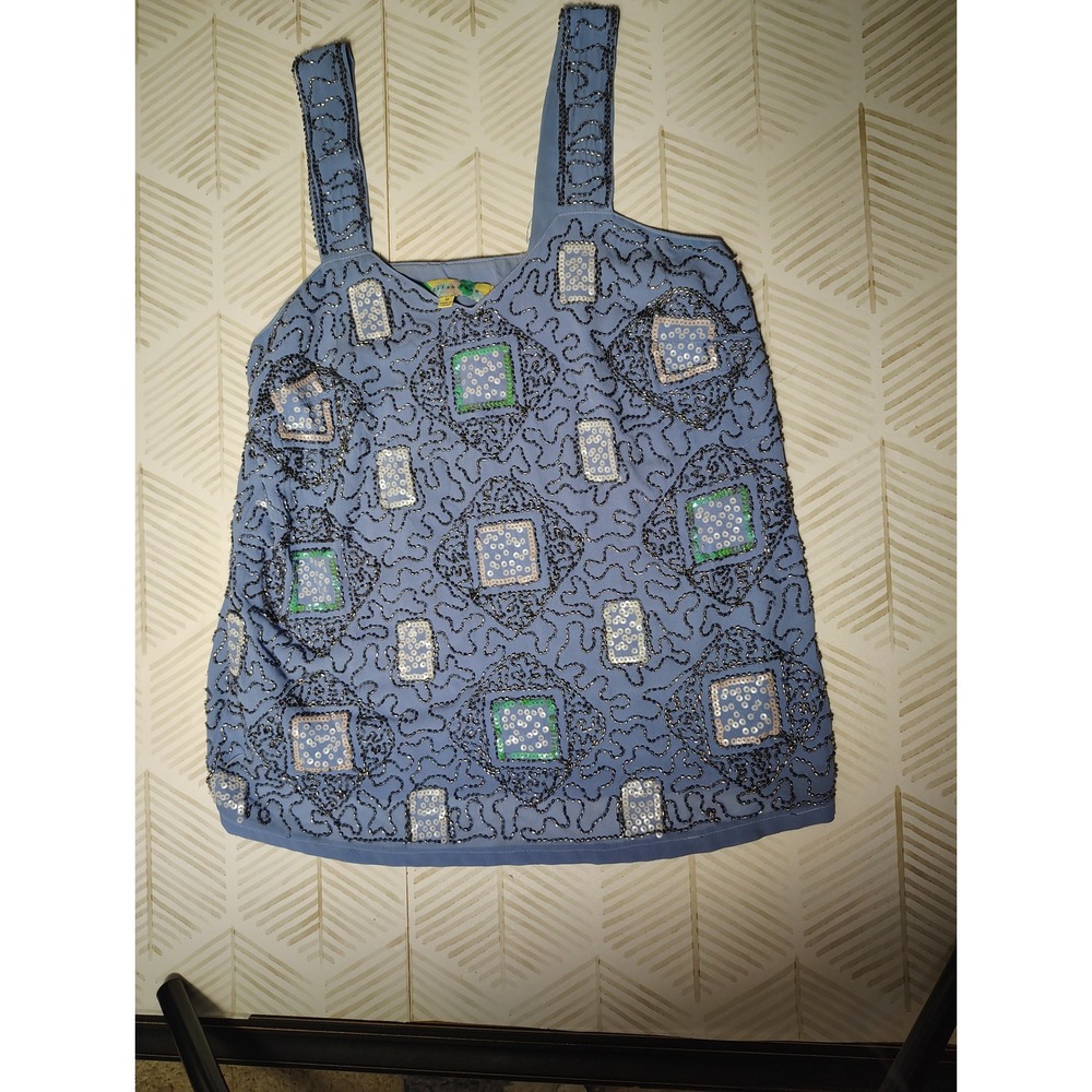 English Rose Blue Beaded Sequin Tank Top Sleeveless Geometric Vintage Style M